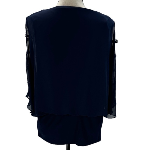 MSK Short Sheer Cut Out Bejeweled Sleeve Blouse - Navy Blue - size PLarge - Picture 3 of 11